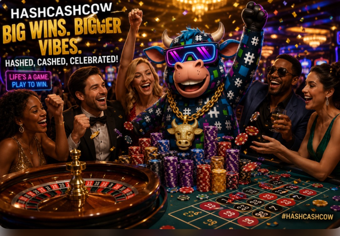 HashCashCow mascot sitting on a golden throne with diamond chains and stacks of Bitcoin — the best crypto casino and no KYC gambling guide for 2026