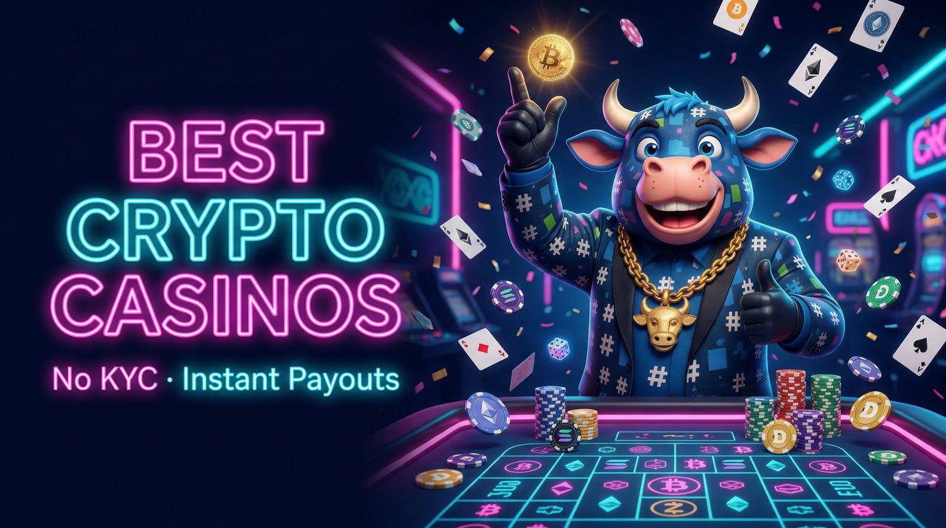 HashCashCow mascot, a blue bull in a hashtag suit, flipping a golden bitcoin chip at a neon casino table with flying cards, dice and chip stacks — best crypto casinos, no KYC and instant payouts, the 2026 gambling guide