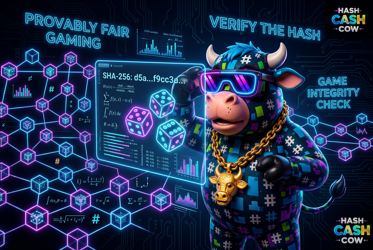 HashCashCow mascot holding a provably fair hash dice